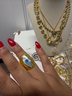 Gold Evil Eye Statement Ring in Blue and White
